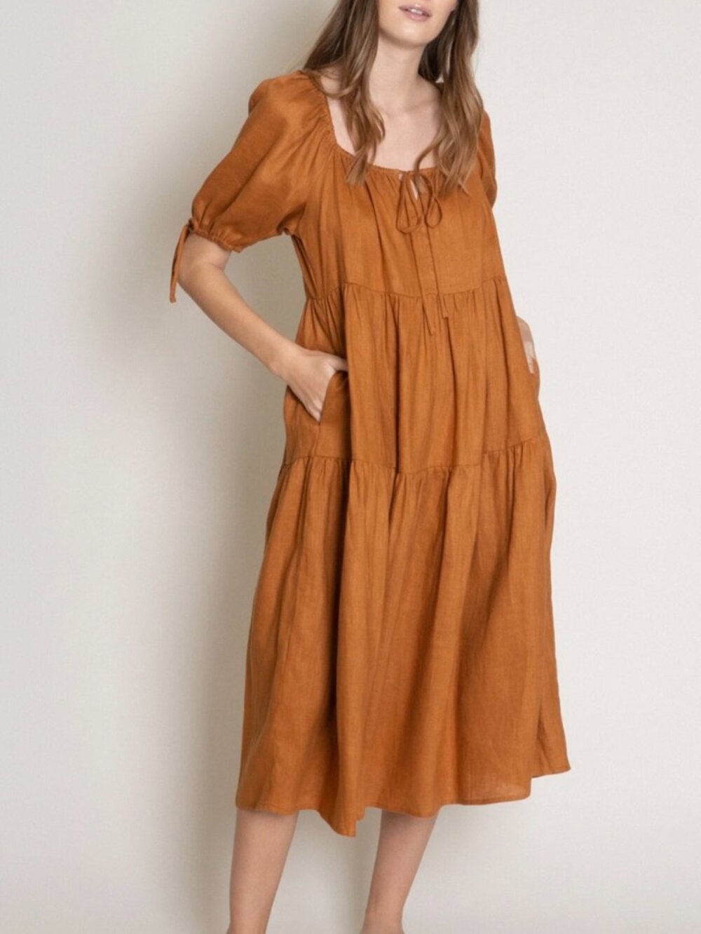 Neranese Willow Lightweight Linen Midi Dress In Clementine XS